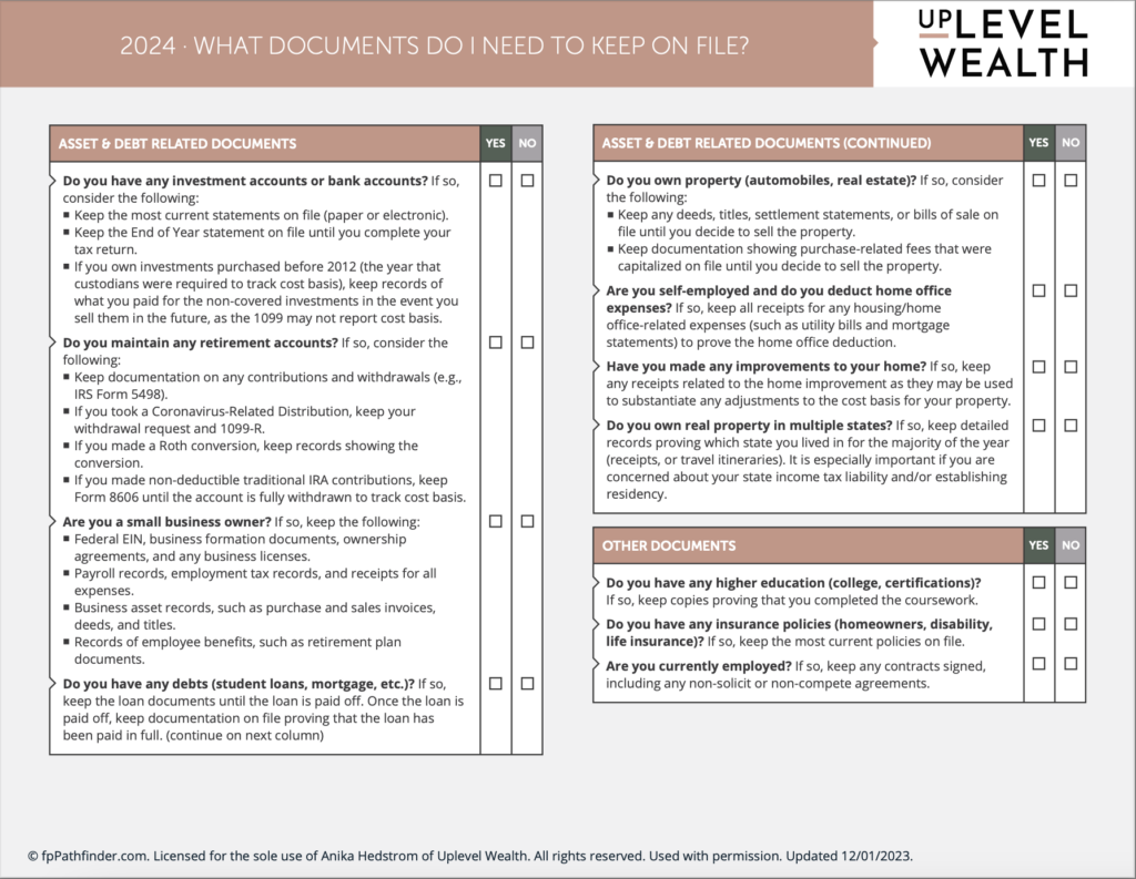 A checklist of financial documents to keep on file. 